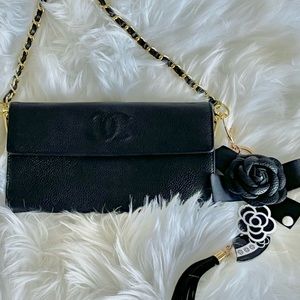 CHANEL Black Caviar Skin Long Wallet on Chain